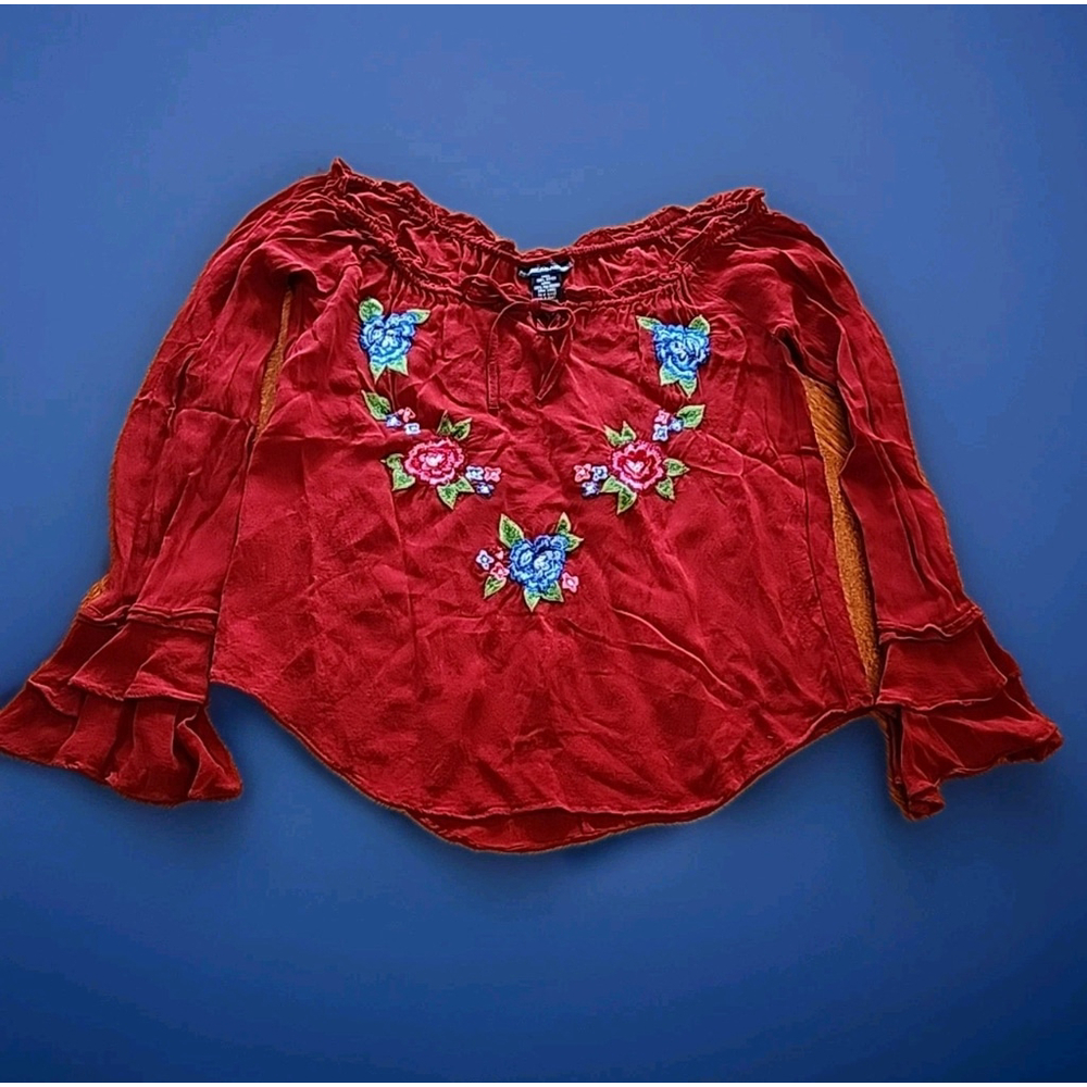 American Angel Burgundy Boho Embroidered Floral Bell Sleeve Top Size S